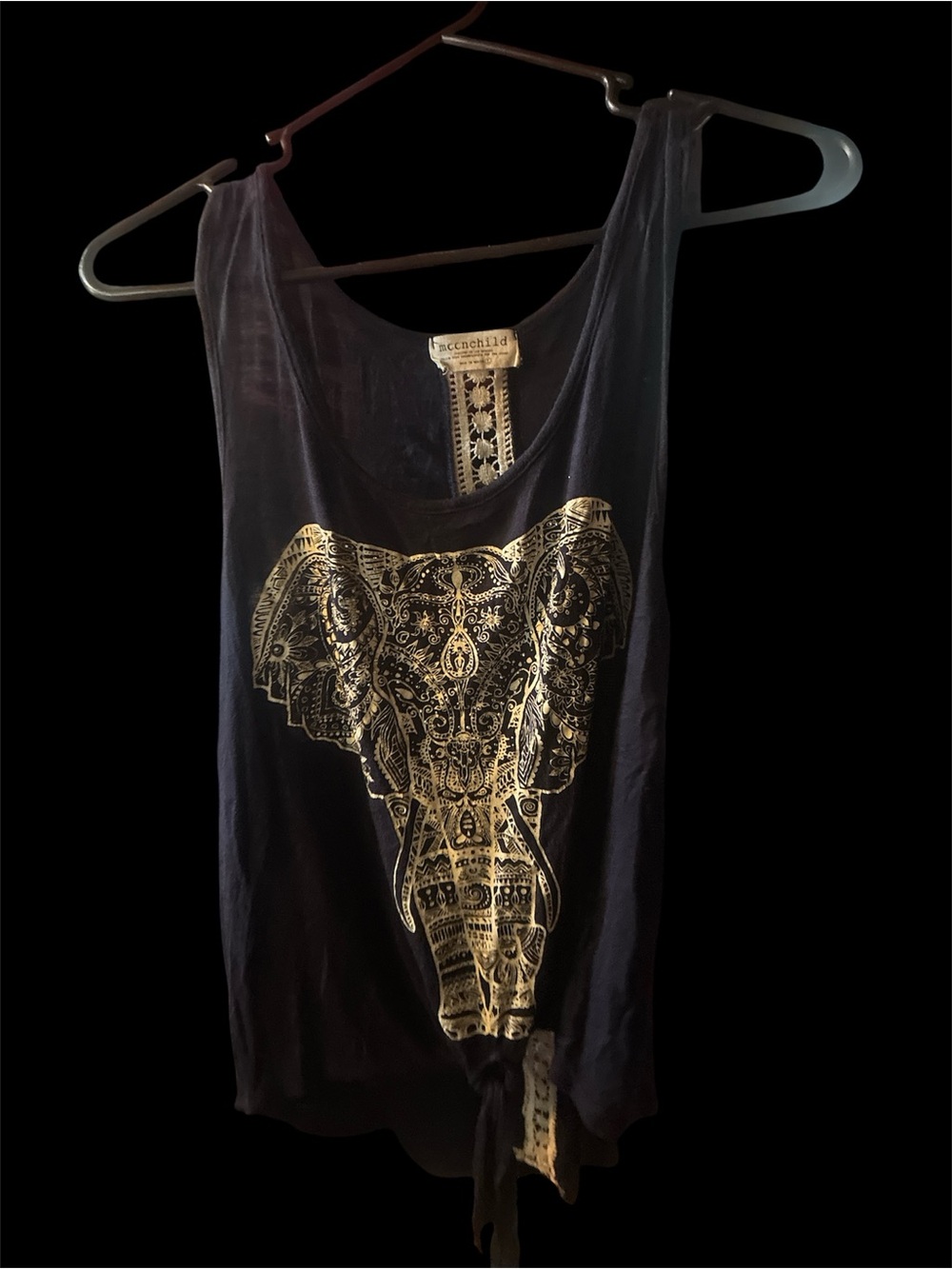 mccnchild Boho Elephant Graphic Tank Top Lace Back Panel Navy Blue Gold Size L